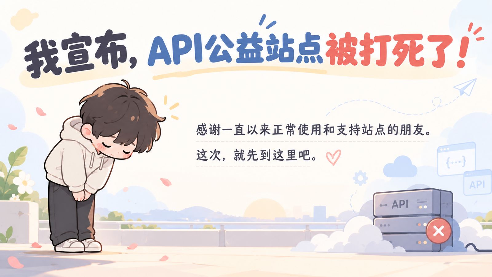 我宣布，API公益站点被打死了！少年深鞠躬致谢，API服务器带有停止红叉标，天色暮霞散落樱瓣